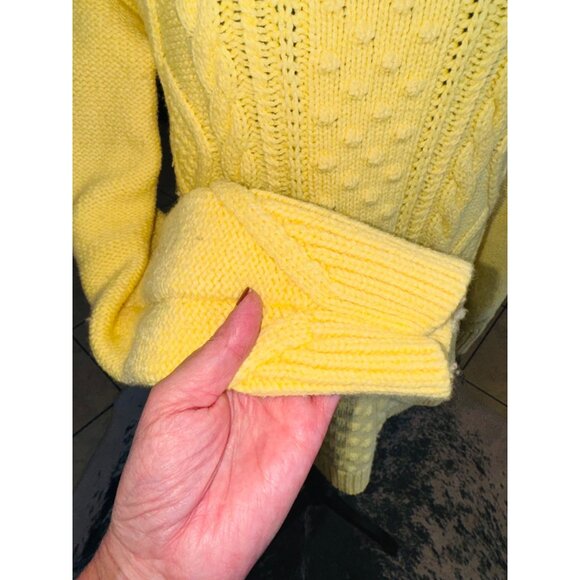 Lands End Yellow Heavy Cable Knit Cowl Neck Sweater Oversized Fisherman Cotton - Picture 10 of 11